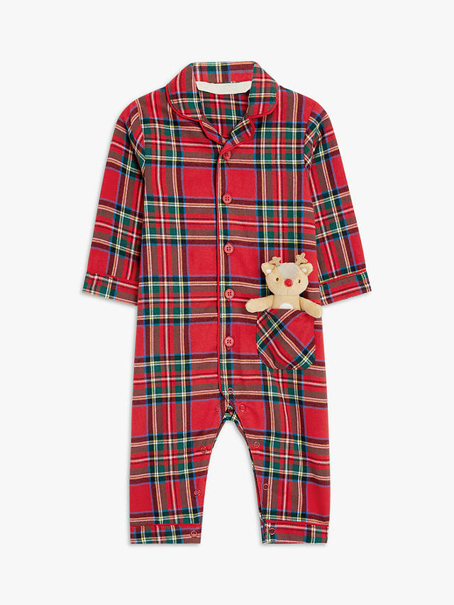 John Lewis Baby Check Romper & Reindeer Soft Toy, Red