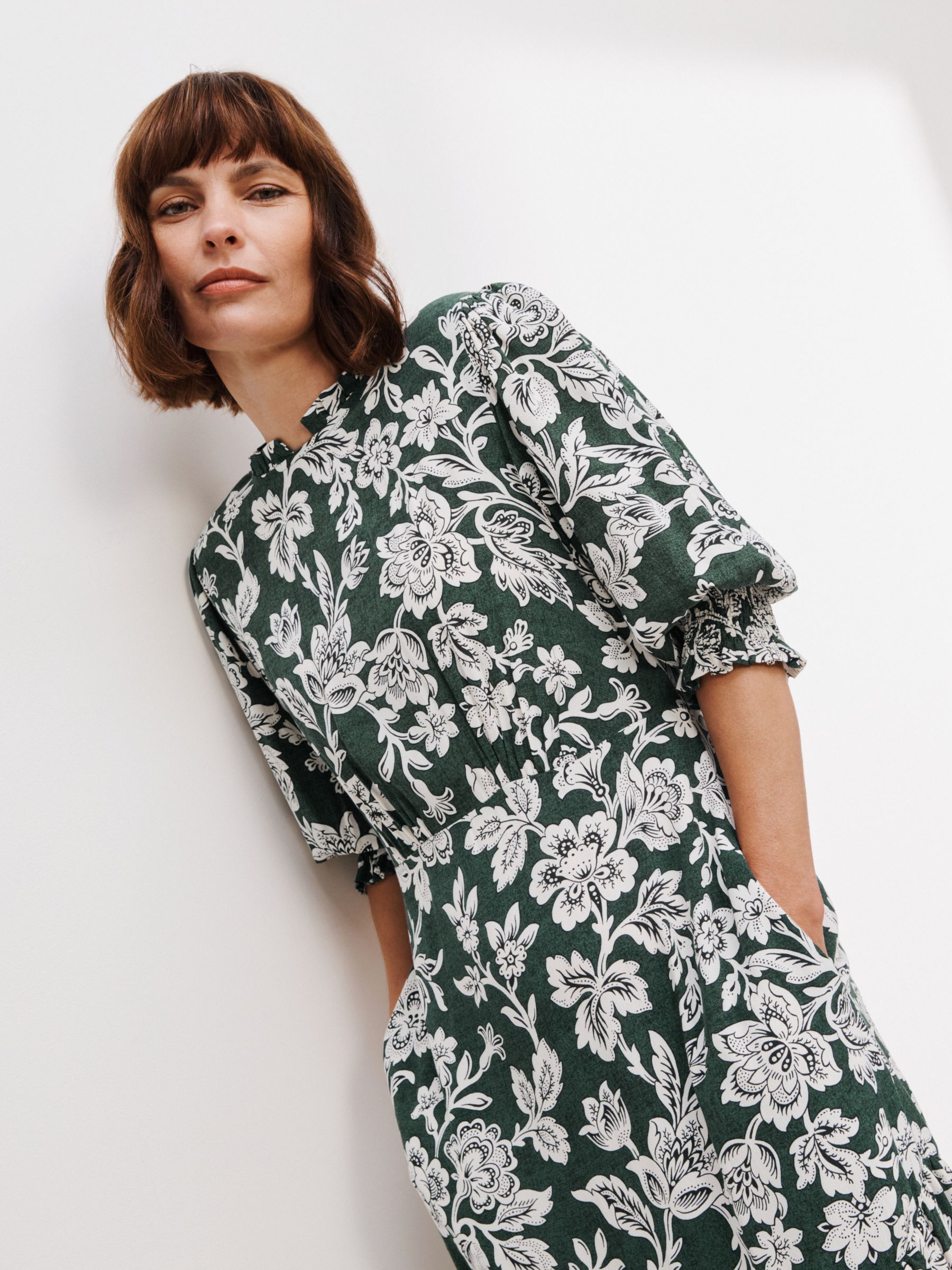 John Lewis Archive Floral Print Midi Dress, Emerald Green/Ecru, 8