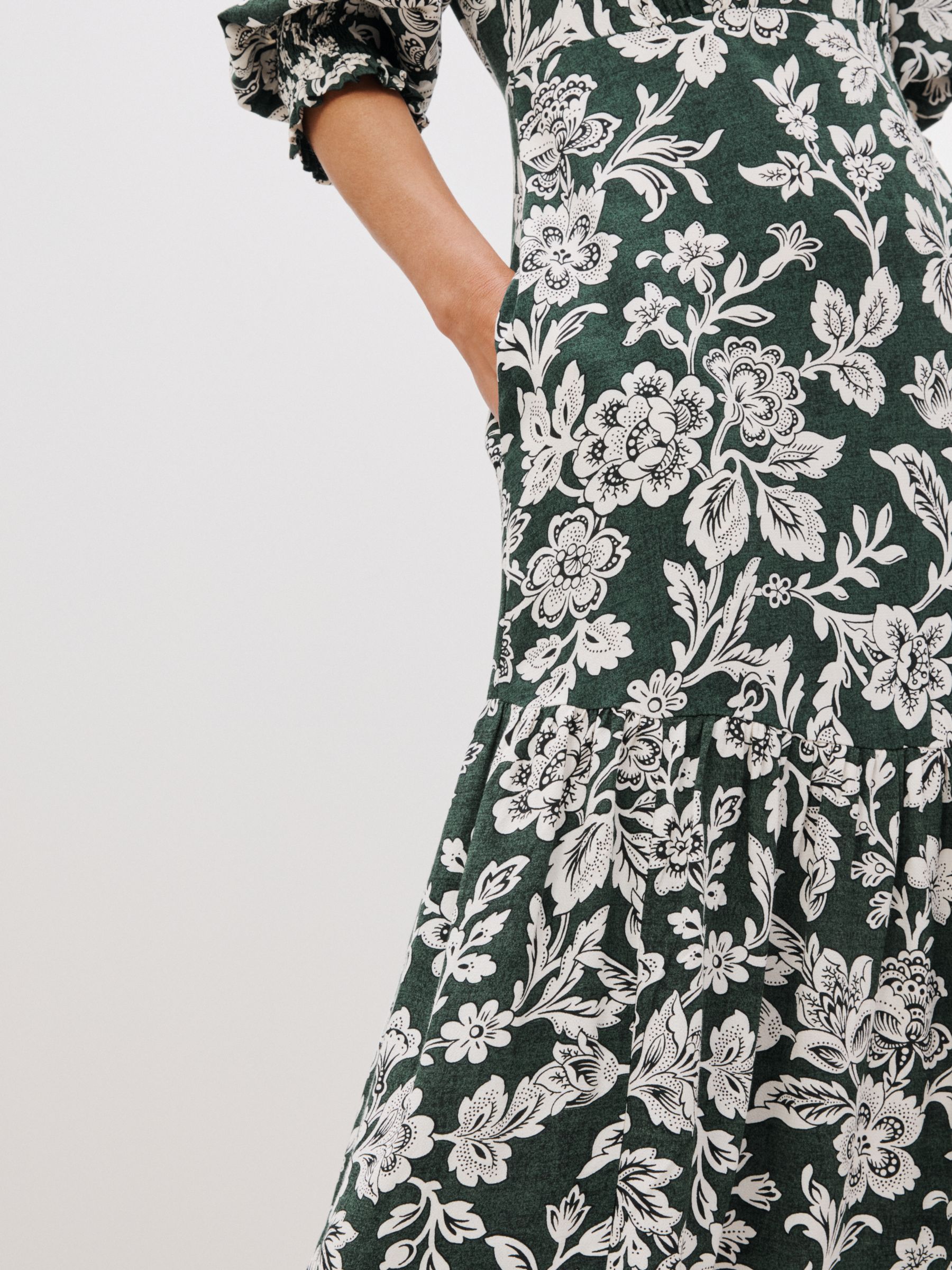 John Lewis Archive Floral Print Midi Dress, Emerald Green/Ecru at John