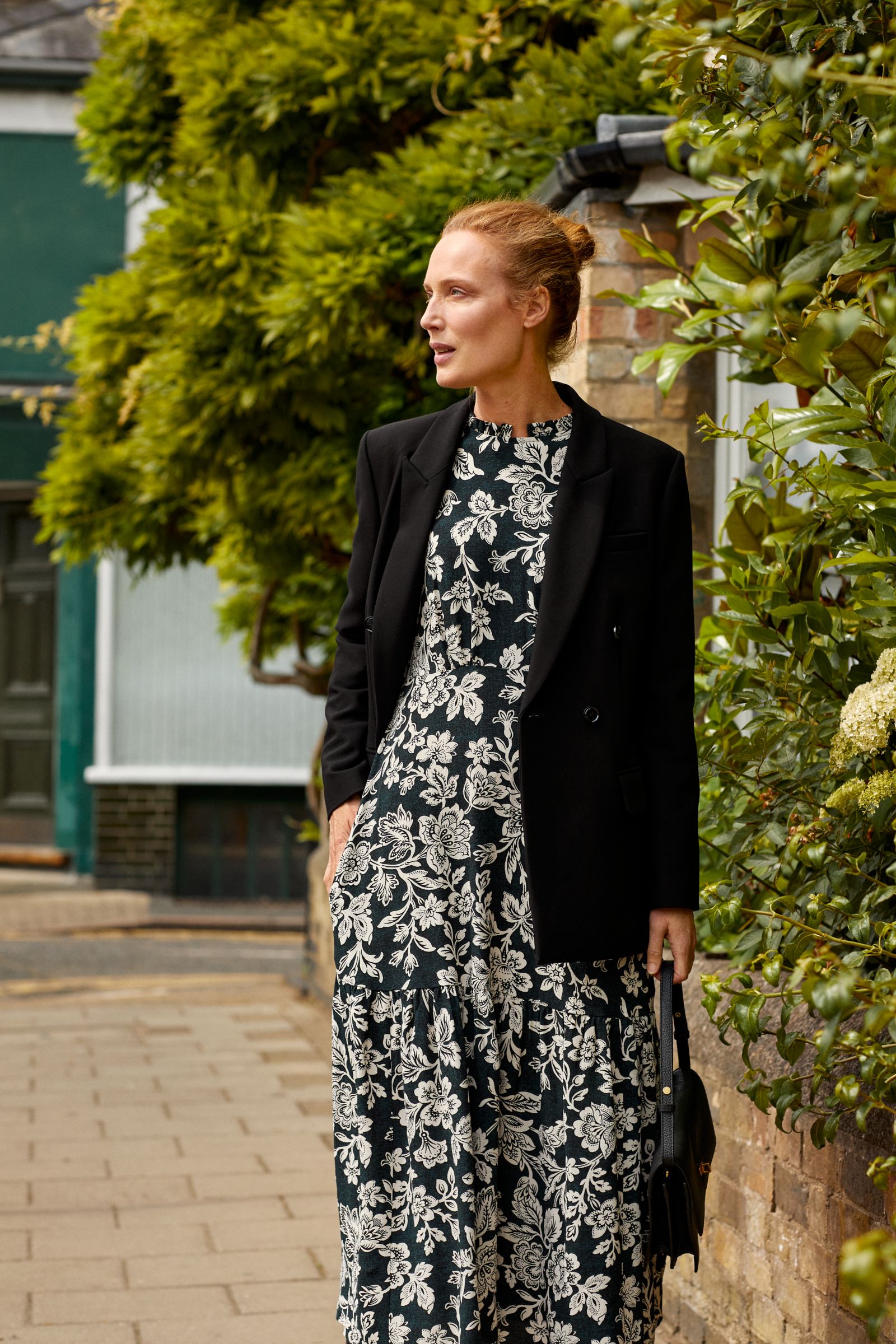 John Lewis Archive Floral Print Midi Dress, Emerald Green/Ecru, 8