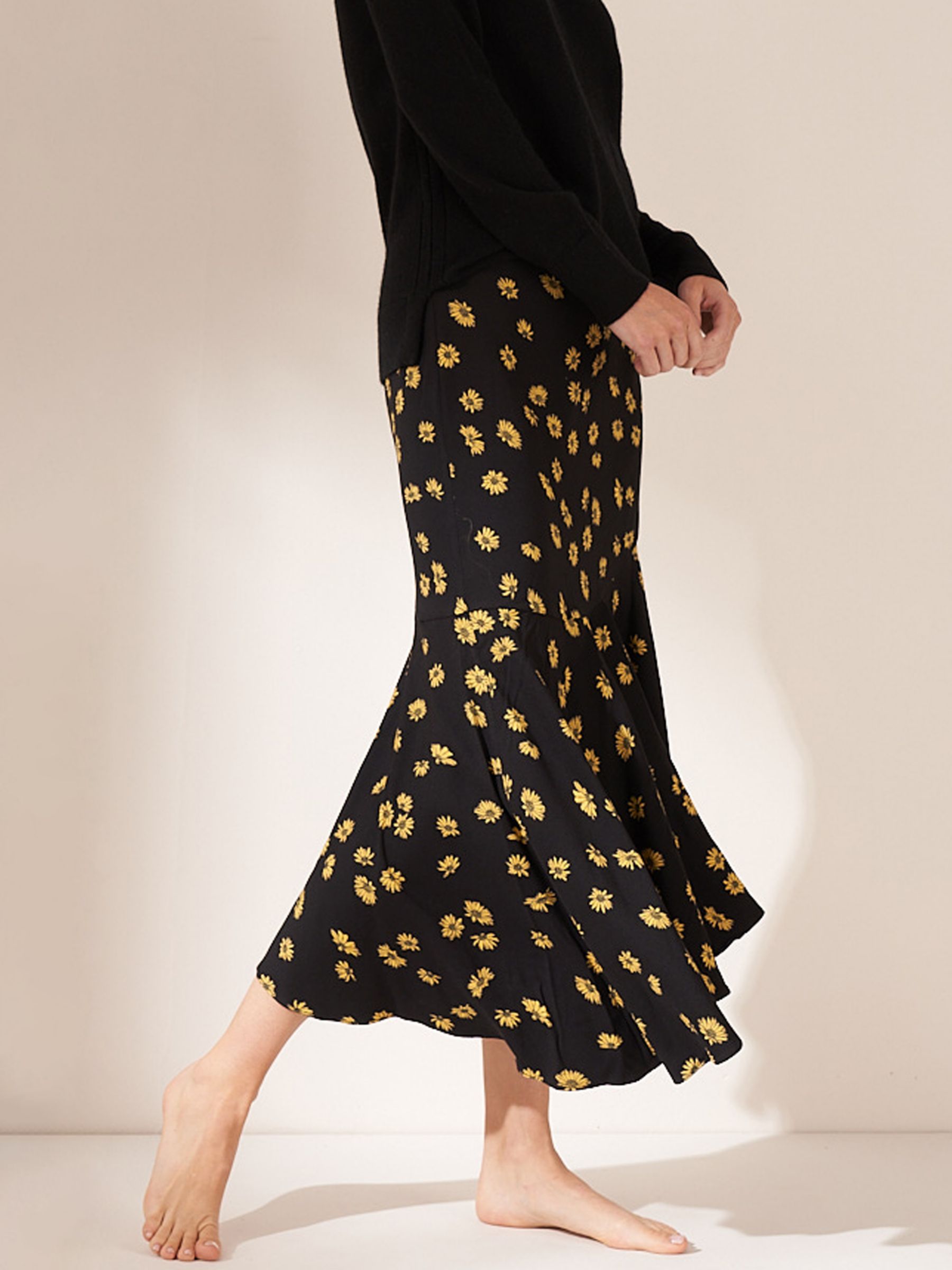 Truly Daisy Print Asymmetric Midi Skirt, Black/Yellow, 8