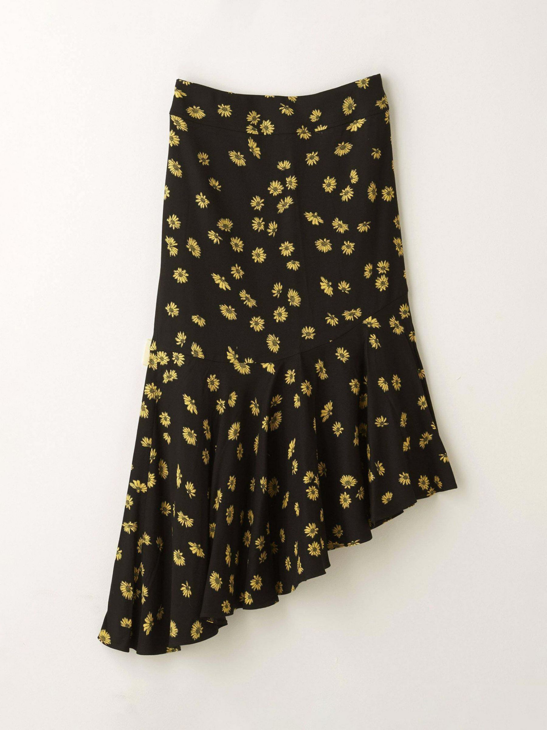 Truly Daisy Print Asymmetric Midi Skirt, Black/Yellow, 8