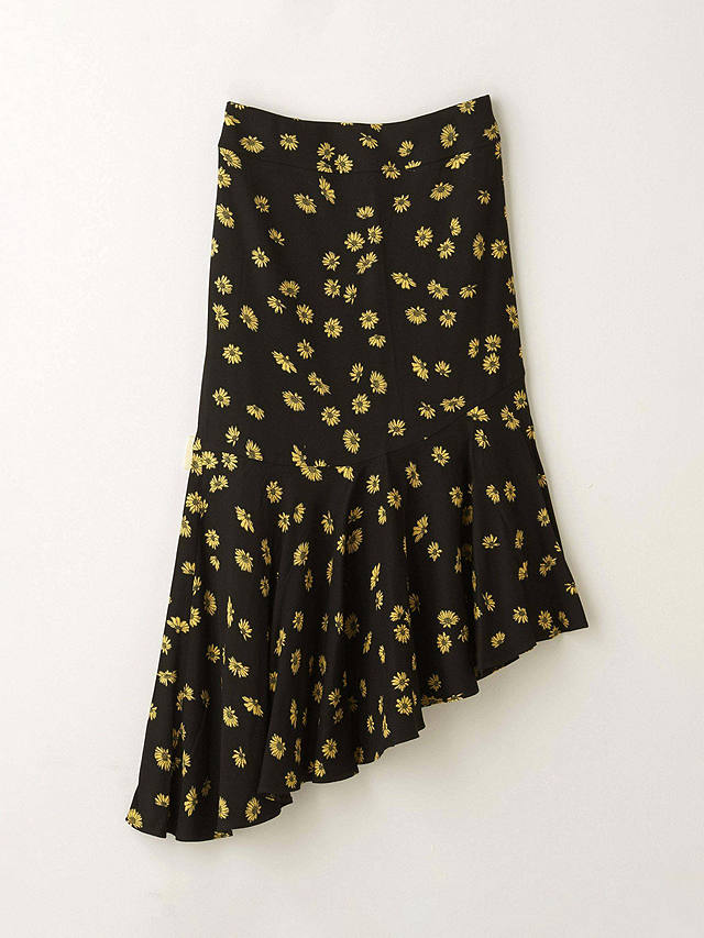 Truly Daisy Print Asymmetric Midi Skirt, Black/Yellow