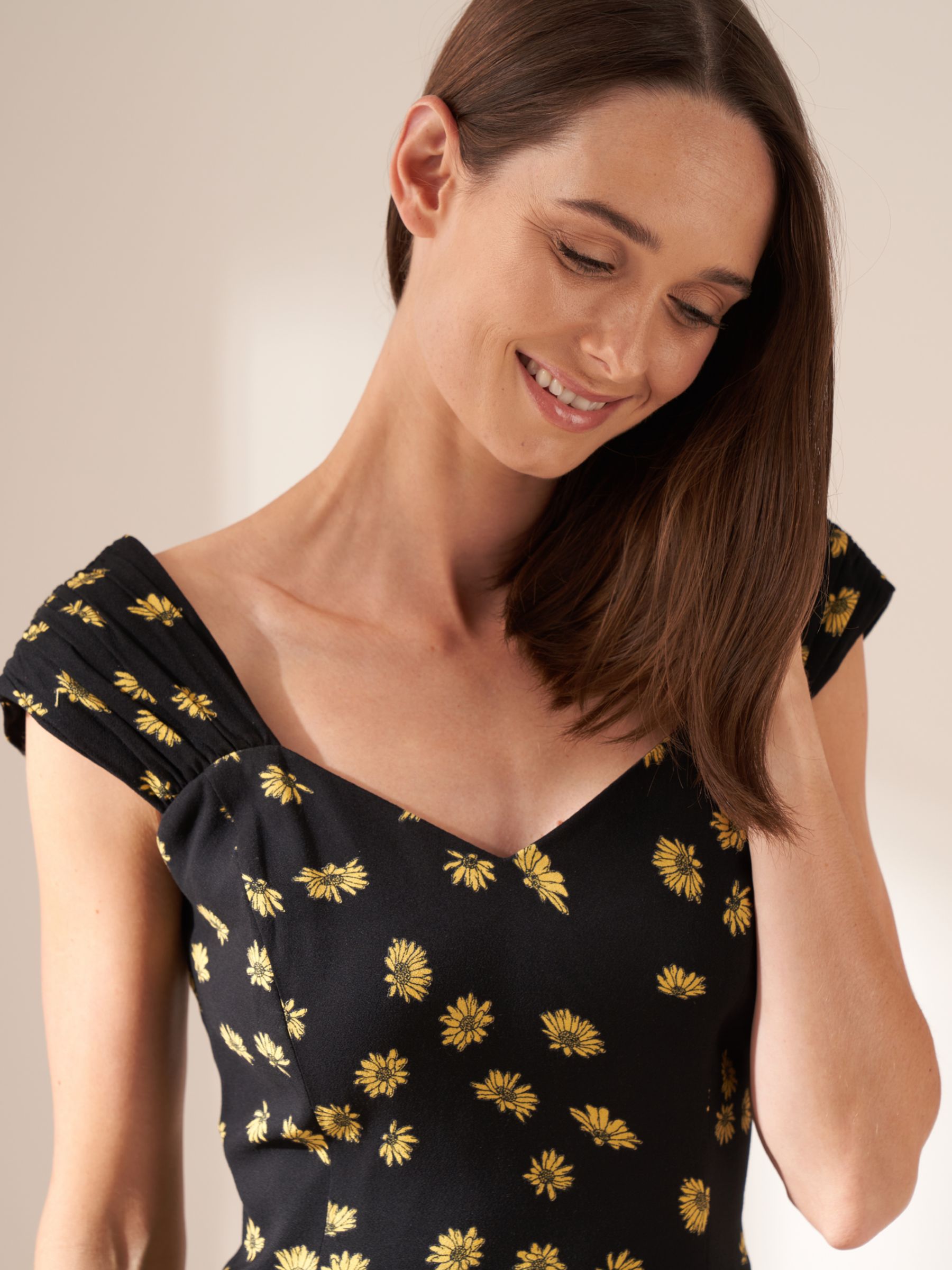 Buy Truly Daisy Print Sweetheart Neck Midi Dress, Black/Yellow Online at johnlewis.com