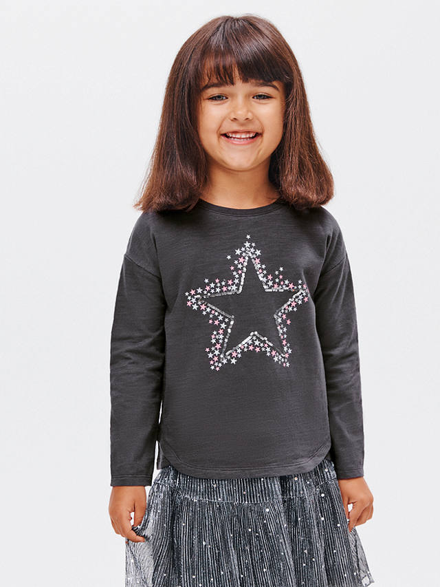 John Lewis Kids' Sequin Star Long Sleeve Jersey Top, Charcoal