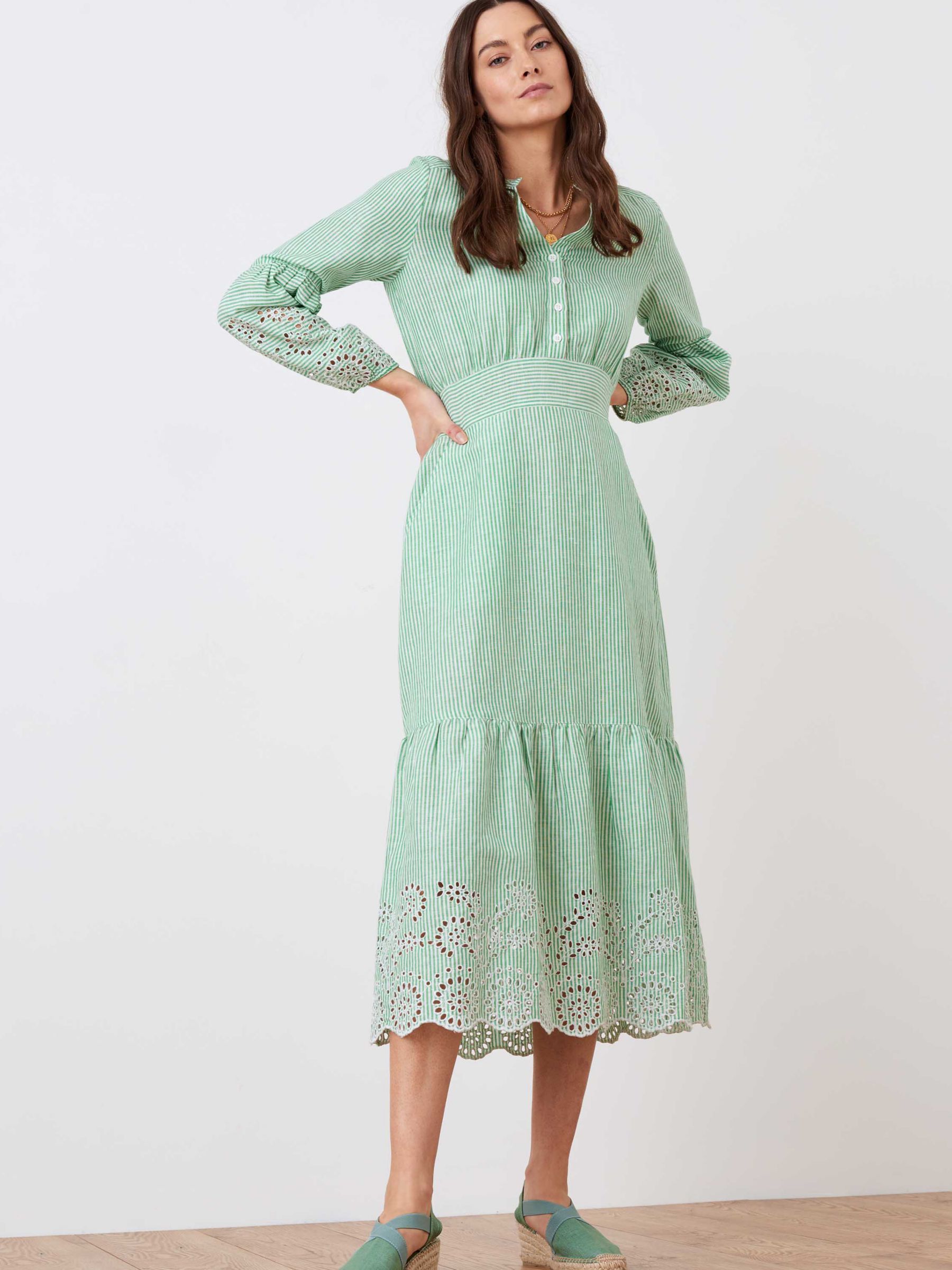 Brora Cotton Linen Blend Embroidered Striped Midi Dress, Apple Green