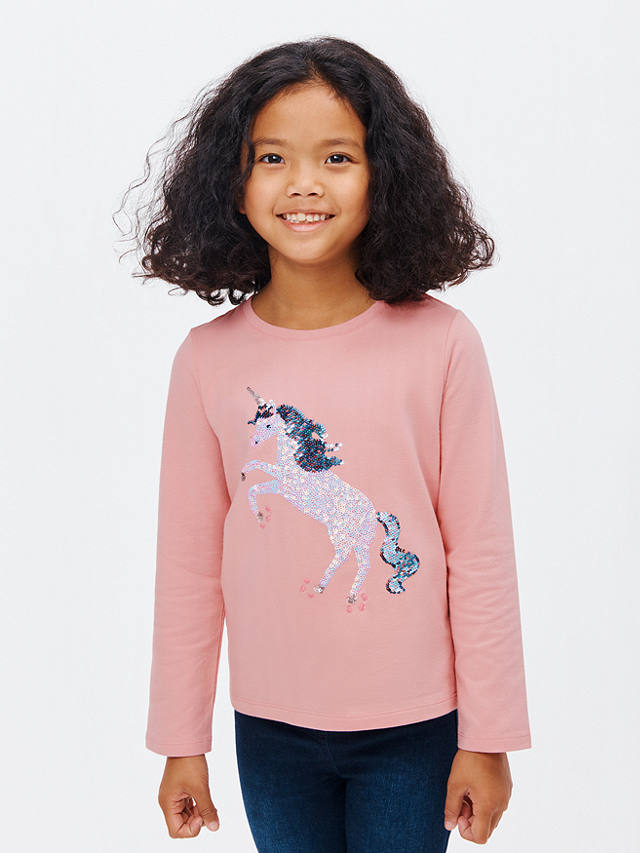John Lewis Kids' Sequin Unicorn Long Sleeve Jersey Top, Mid Pink