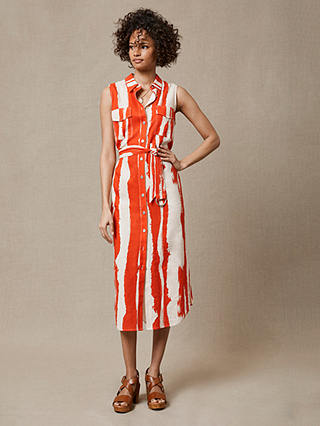 Mint Velvet Astrid Abstract Print Linen Blend Midi Dress, Orange/Off White