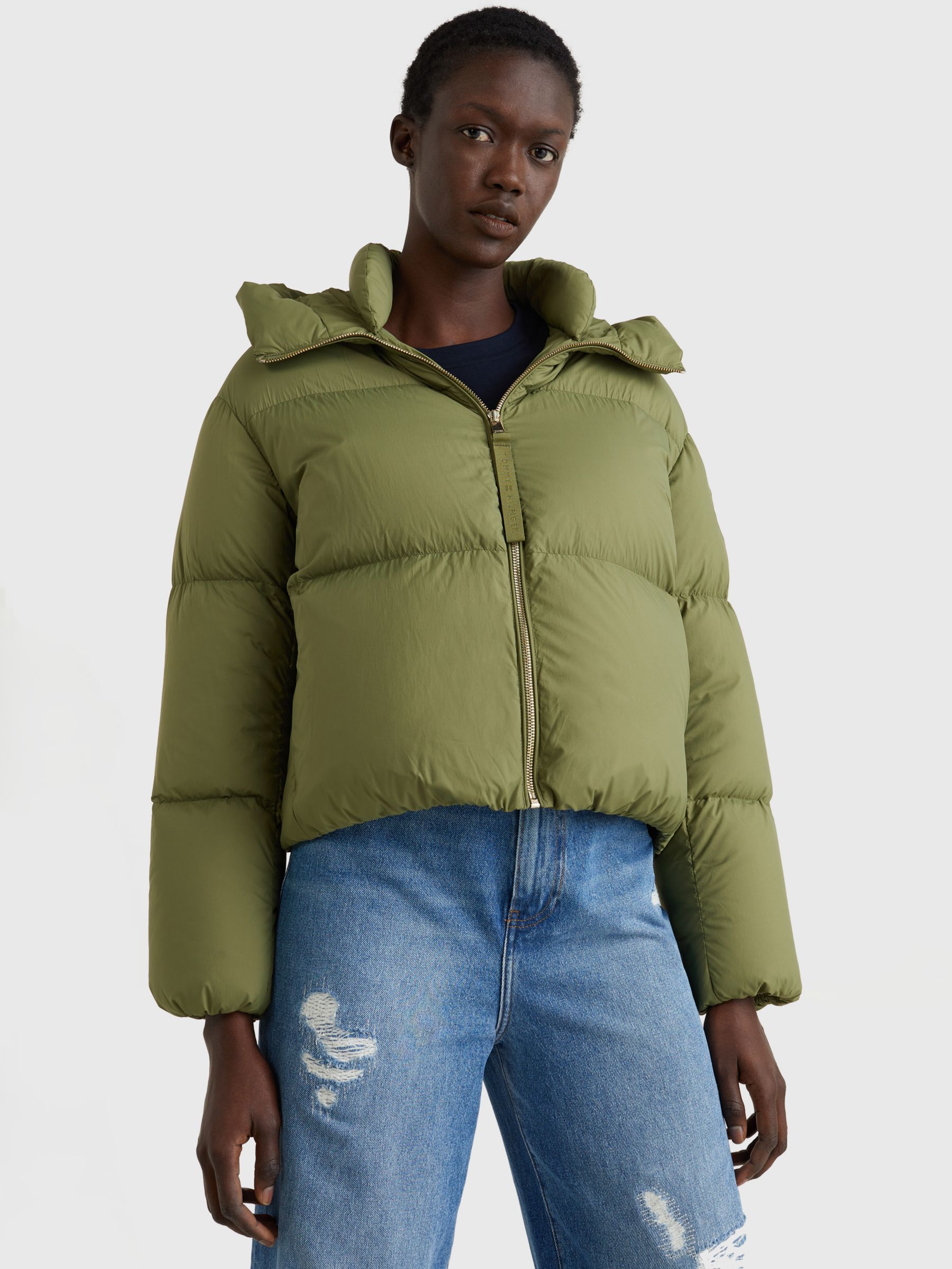 Tommy Hilfiger Down Quilted Puffer Jacket, Khaki at John Lewis & Partners