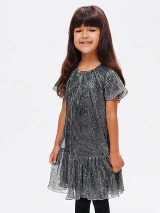 John Lewis Kids' Plisse Sequin Party Dress, Charcoal