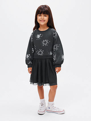 John Lewis Kids' Star Sweater Mesh Tulle Dress, Charcoal