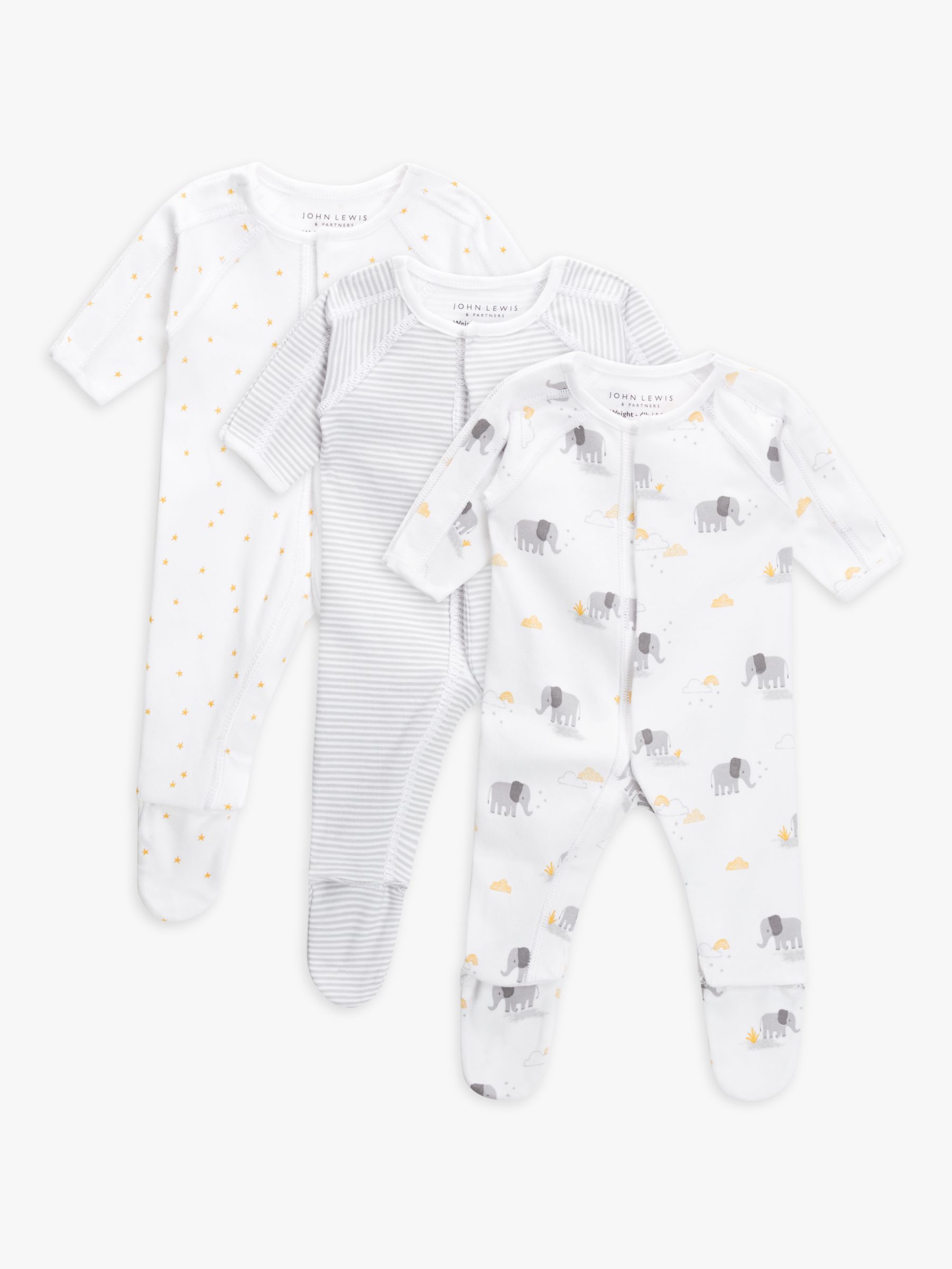 John Lewis Premature Baby GOTS Organic Cotton Elephant Sleepsuit, Pack of 3, Grey, 3lb