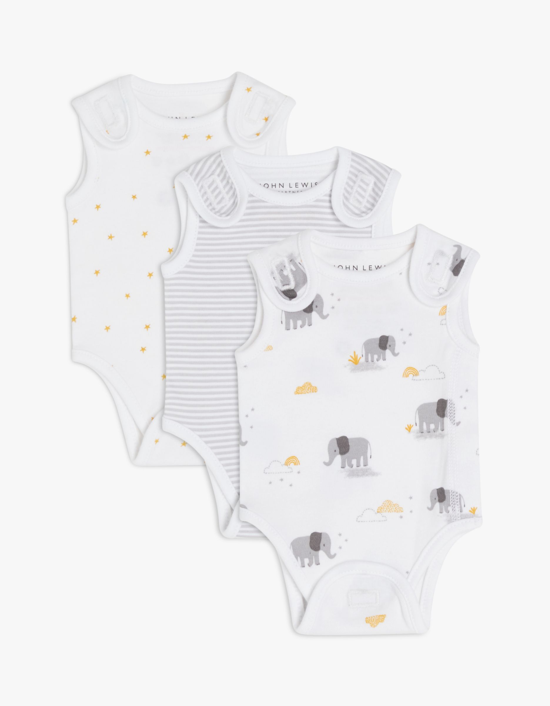 John Lewis Premature Baby GOTS Organic Cotton Elephant Star Stripe Bodysuit, Pack of 3, Grey, 3lb