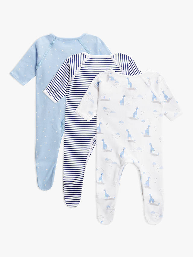 John Lewis Premature Baby GOTS Organic Cotton Giraffe Sleepsuit, Pack of 3, Blue