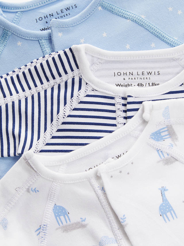 John Lewis Premature Baby GOTS Organic Cotton Giraffe Sleepsuit, Pack of 3, Blue