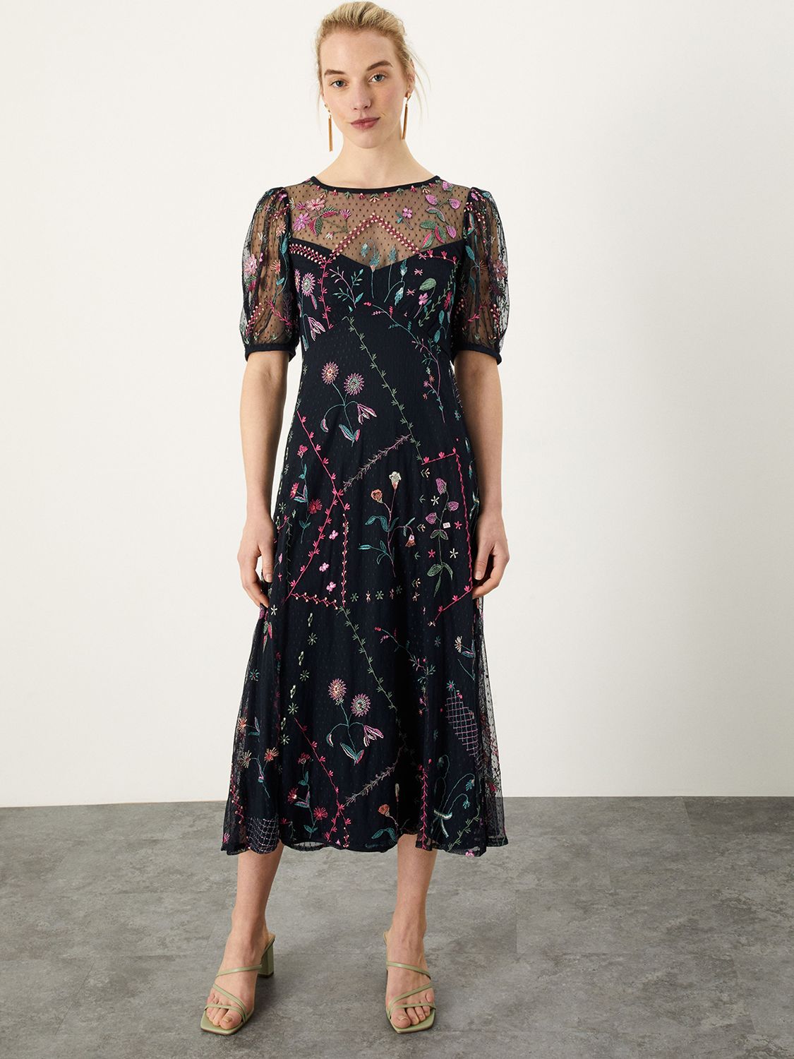 Monsoon Polly Floral Embroidery Midi Dress, Navy/Multi