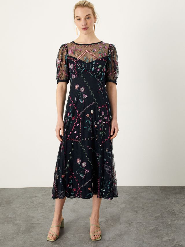 Monsoon Polly Floral Embroidery Midi Dress, Navy/Multi, 8