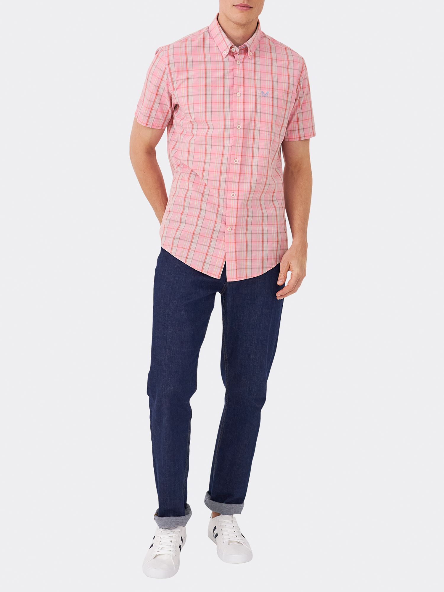 Crew Clothing Dulwich Check Short Sleeve Shirt, Pink