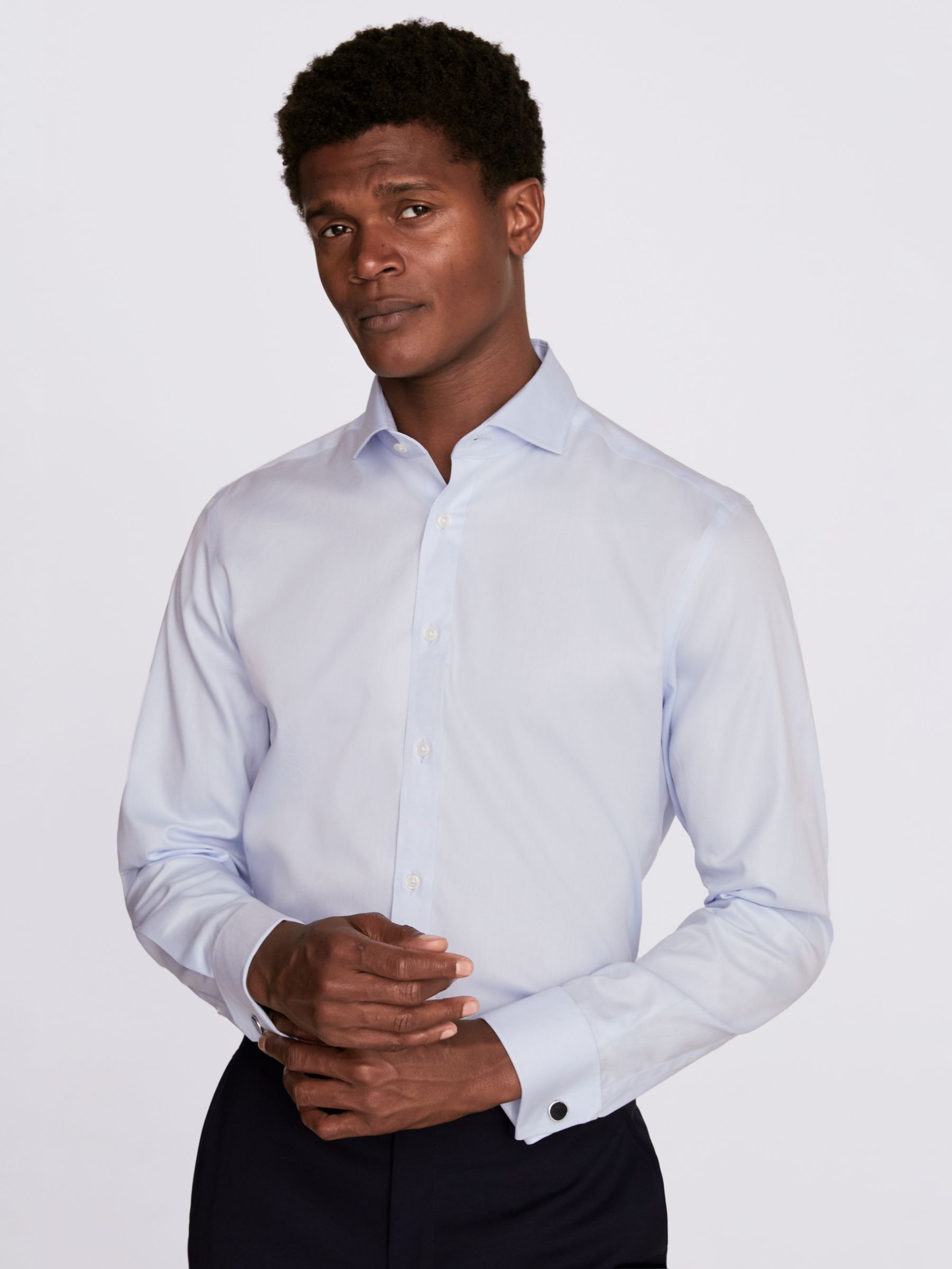 Moss Tailored Fit Double Cuff Non-Iron Twill Shirt, Sky, 14