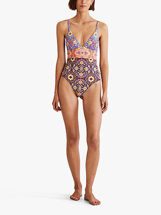 Boden Arezzo Plunge Neck Panel Swimsuit, French Navy/Multi