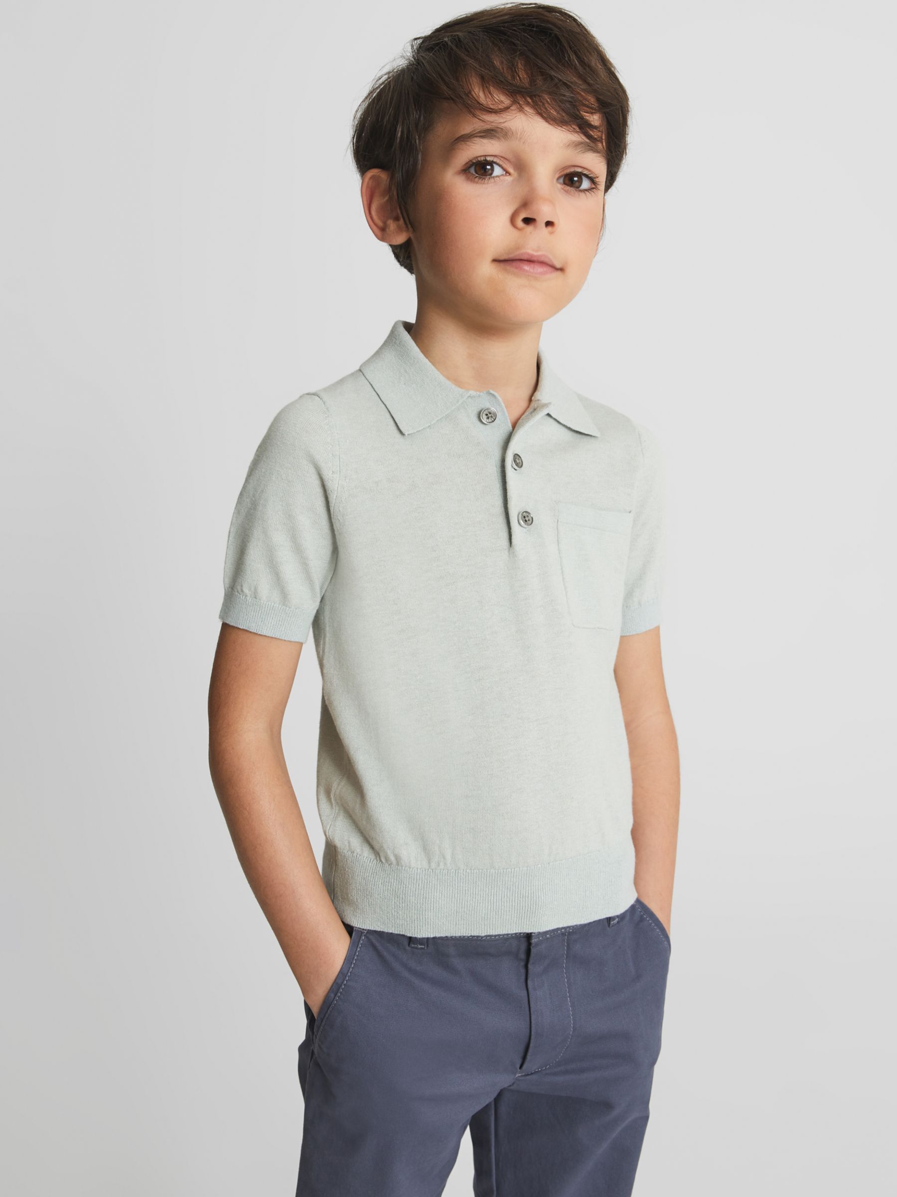 Reiss Kids' Ralph Short Sleeve Patch Pocket Linen Blend Jumper, Sage