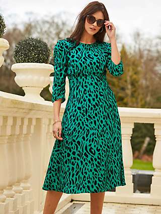 Sosandar Leopard Print Ruched Midi Dress, Green/Black