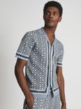 Reiss Ripley Cuban Collar Geometric Knit Shirt, Blue