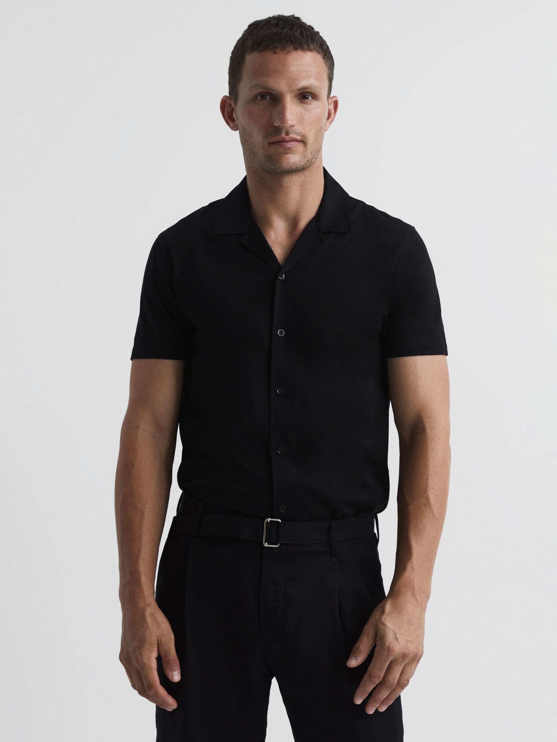 Reiss Caspa Cuban Collar Short Sleeve Shirt, Black at John Lewis & Partners