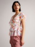 Ted Baker Rowyn Floral Print Frill Detail Blouse, Natural/Multi