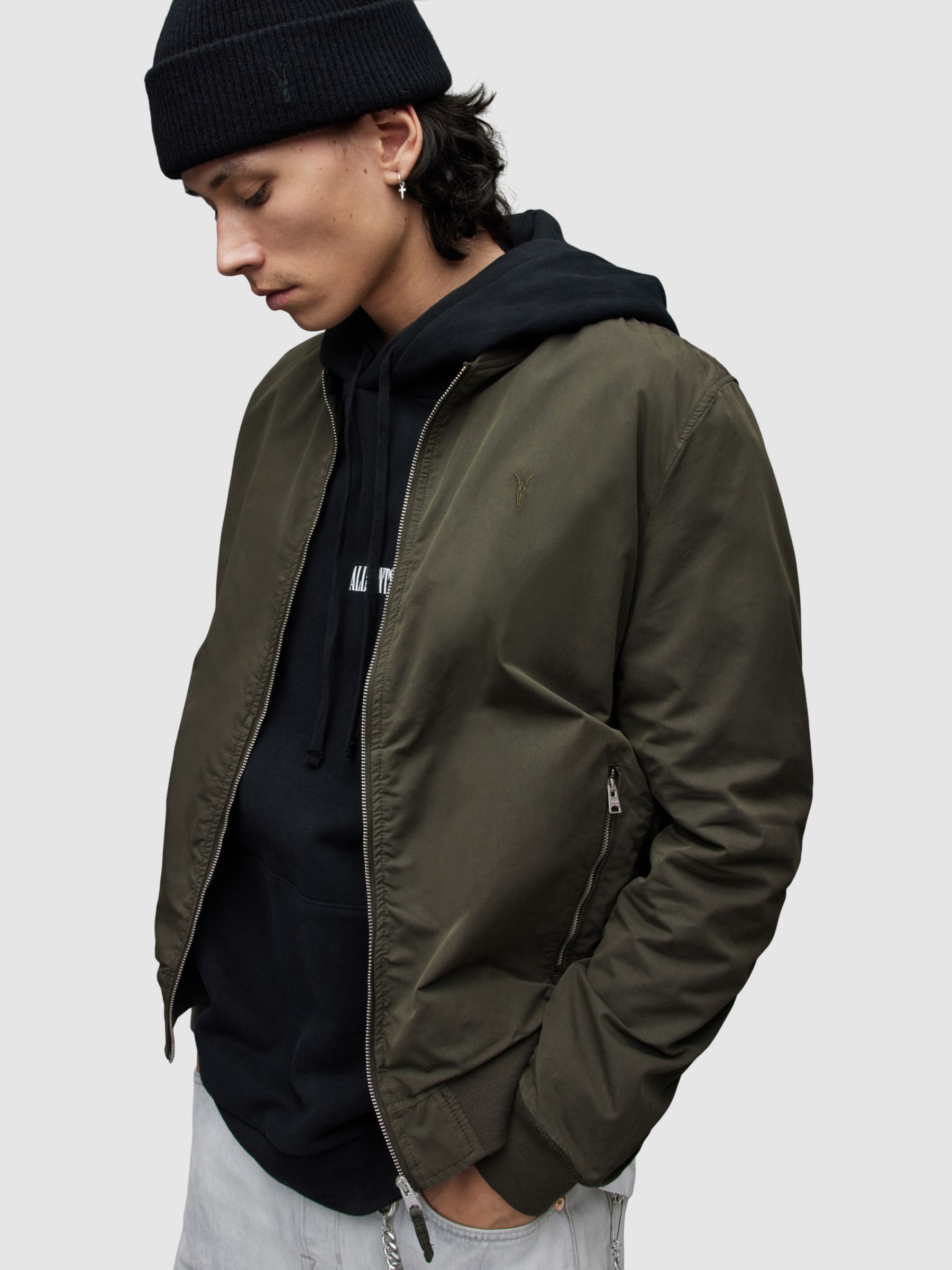 AllSaints Bassett Bomber Jacket, Dull Khaki at John Lewis & Partners