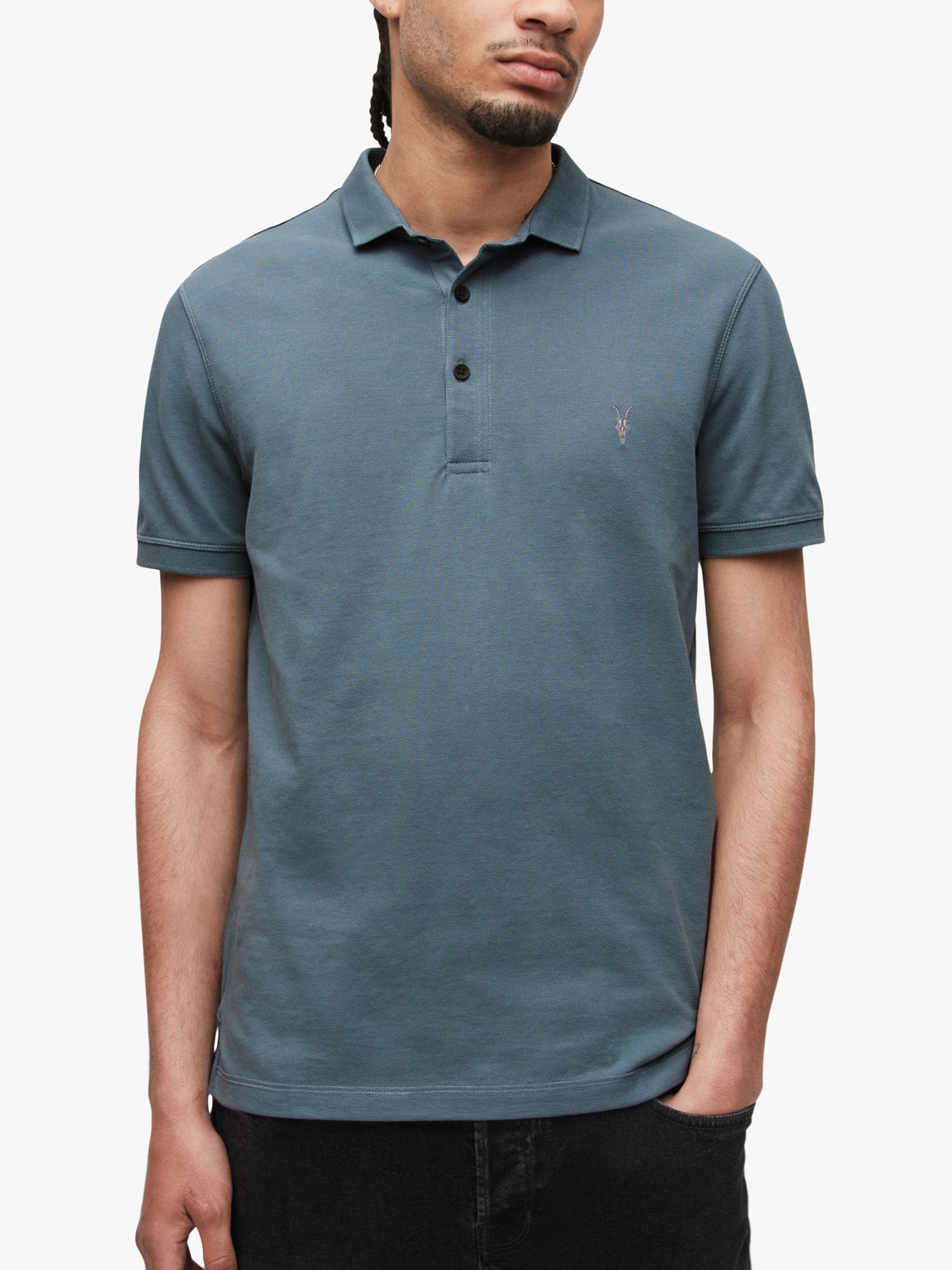 AllSaints Reform Short Sleeve Polo Top, Aged Blue at John Lewis & Partners