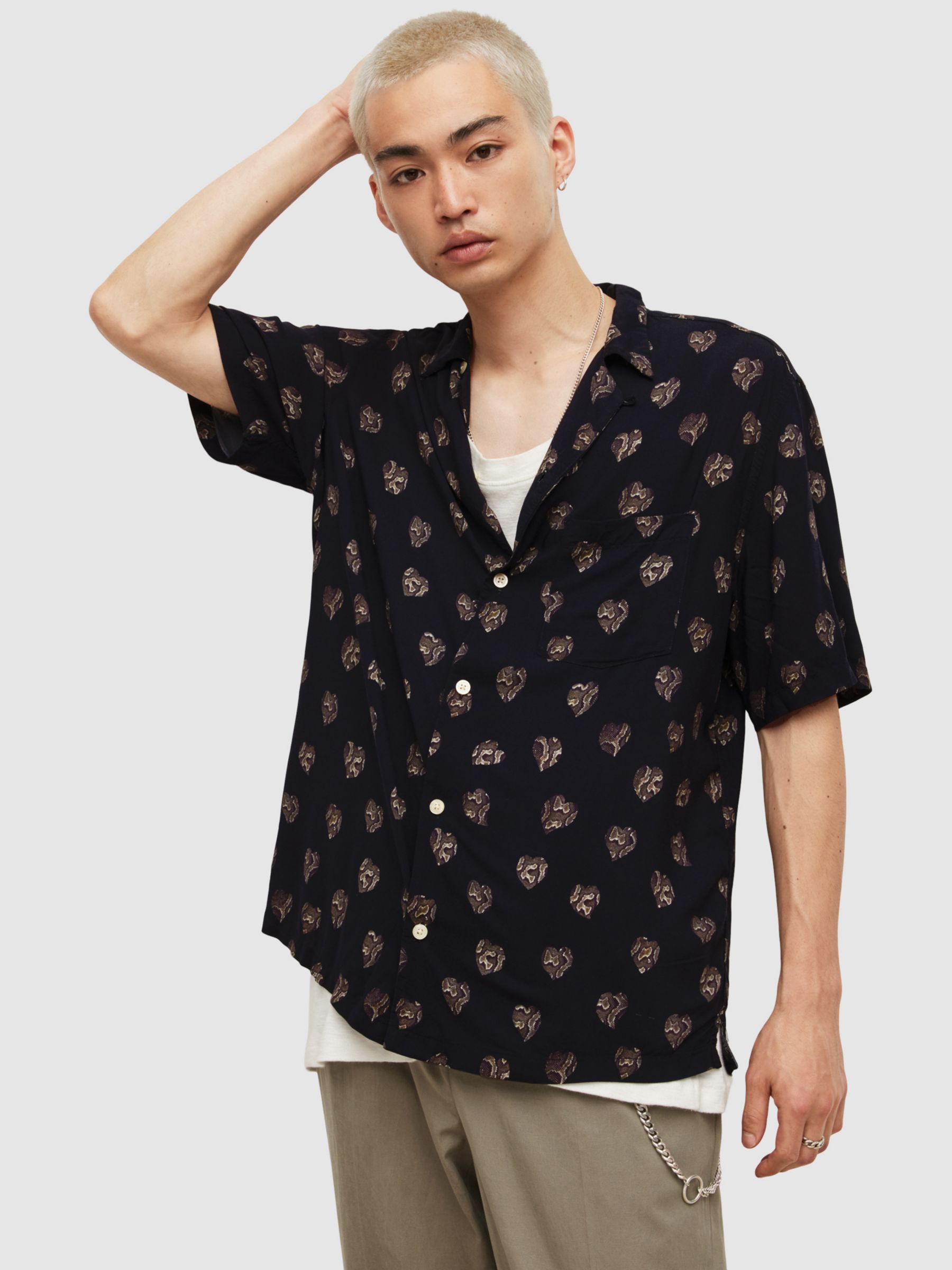 AllSaints Snakeheart Short Sleeve Shirt, Jet Black