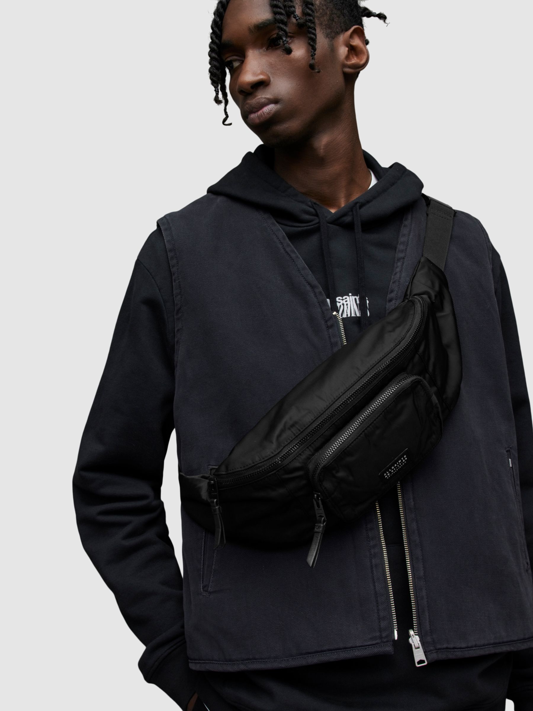 AllSaints Spitafields Nylon Bum Bag, Black at John Lewis & Partners