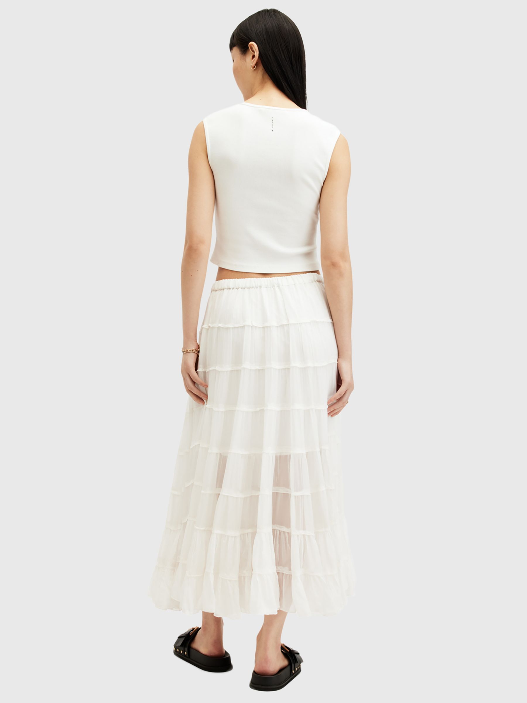 Buy AllSaints Eva Tiered Midi Skirt, Chalk White Online at johnlewis.com
