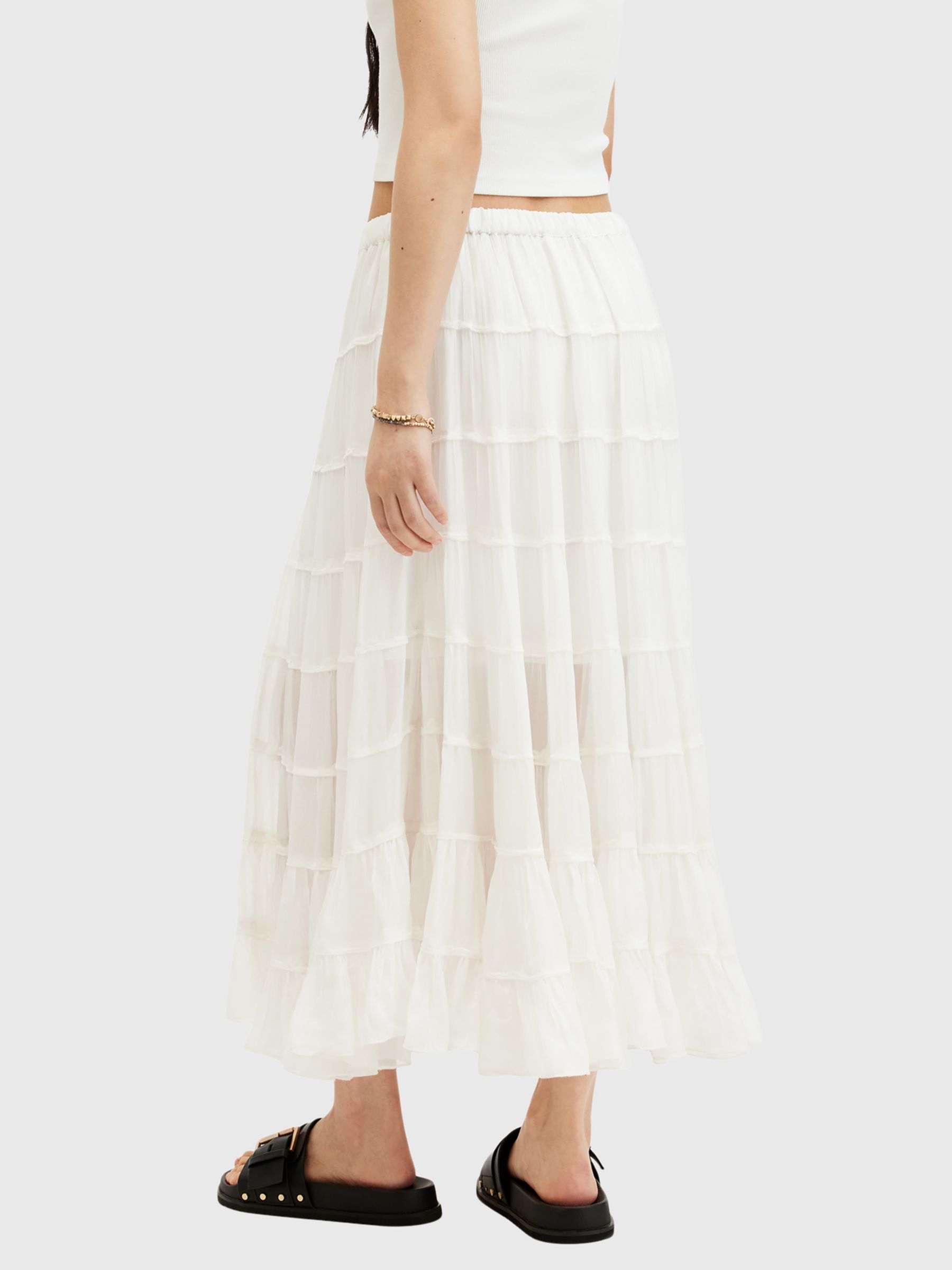 Buy AllSaints Eva Tiered Midi Skirt, Chalk White Online at johnlewis.com