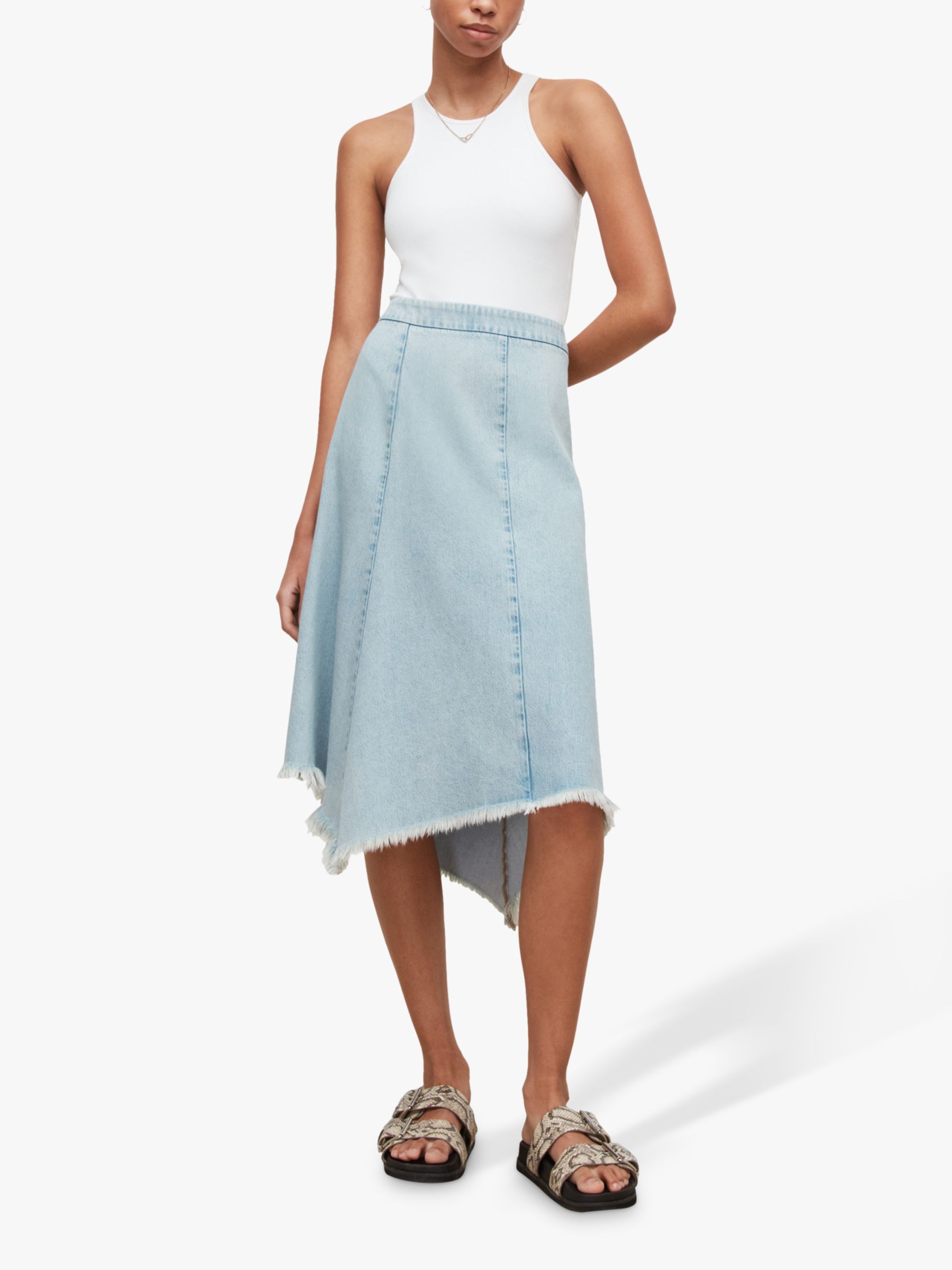 AllSaints Katie Denim Asymmetric Midi Skirt, Light Indigo