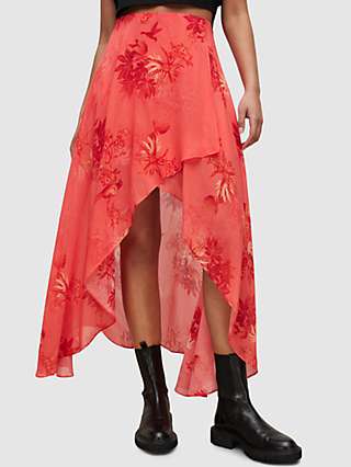 AllSaints Slvina Floral Wrap Maxi Skirt, Orange
