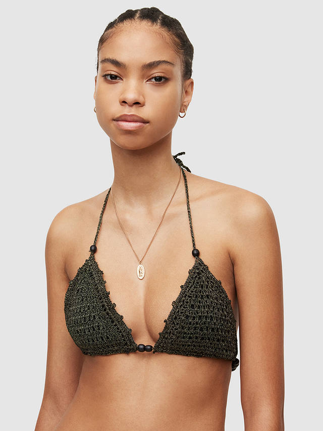 AllSaints Ola Crochet Triangle Tie Bikini Top, Black/Gold