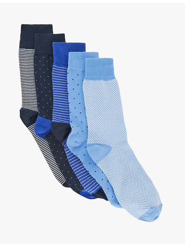 John Lewis Spot Stripe Cotton Blend Socks, Pack of 5, Blue/Multi