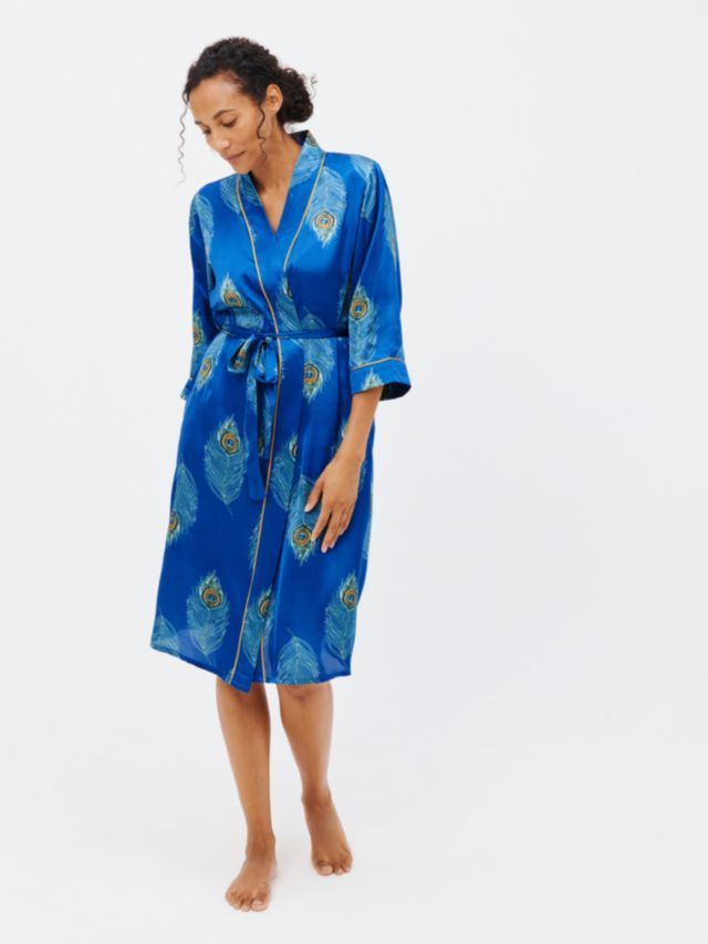 Their Nibs Peacock Satin Wrap Kimono Robe, Navy, S