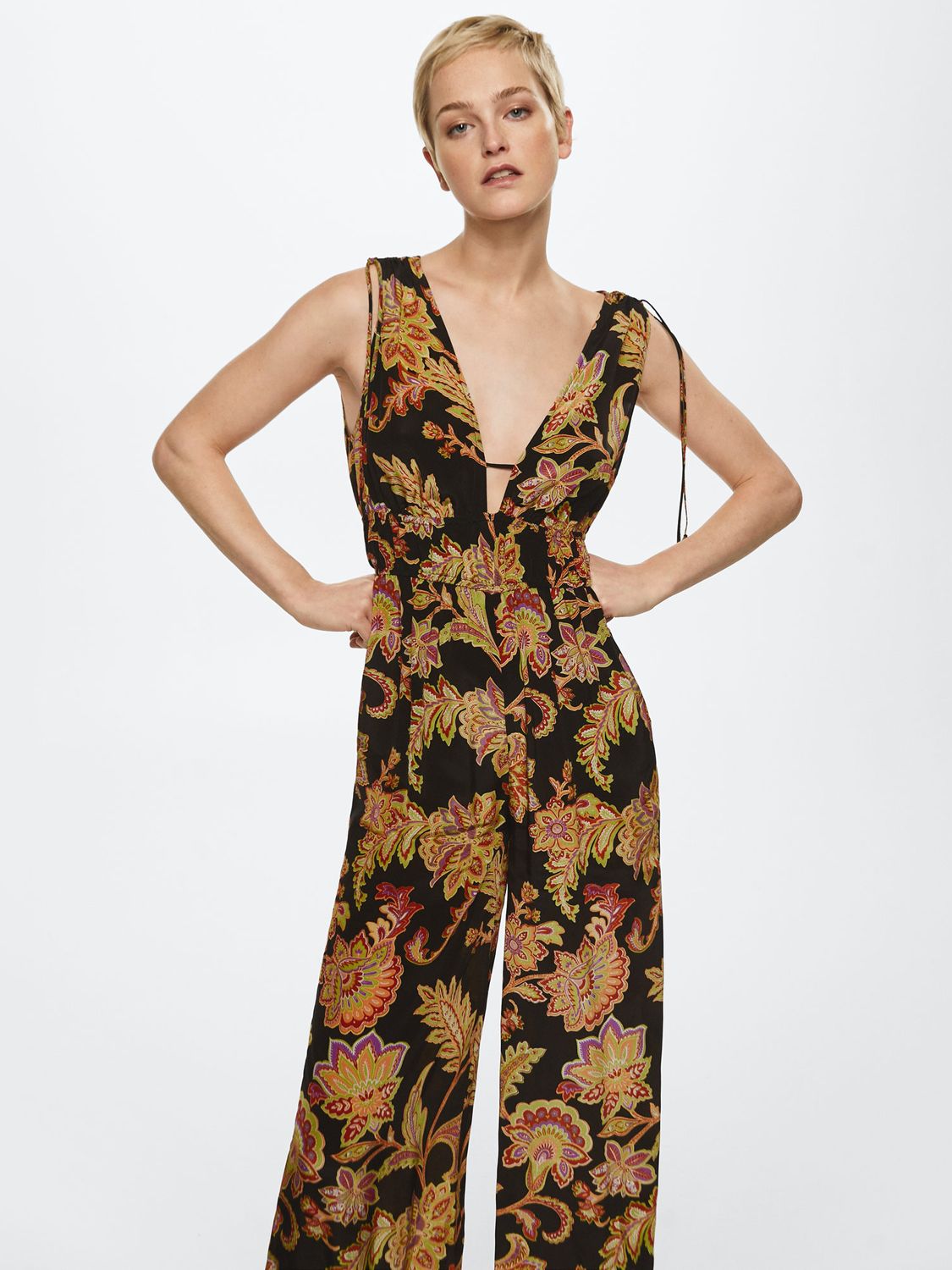 Mango Teddy Floral Print Jumpsuit, Black/Multi at John Lewis & Partners