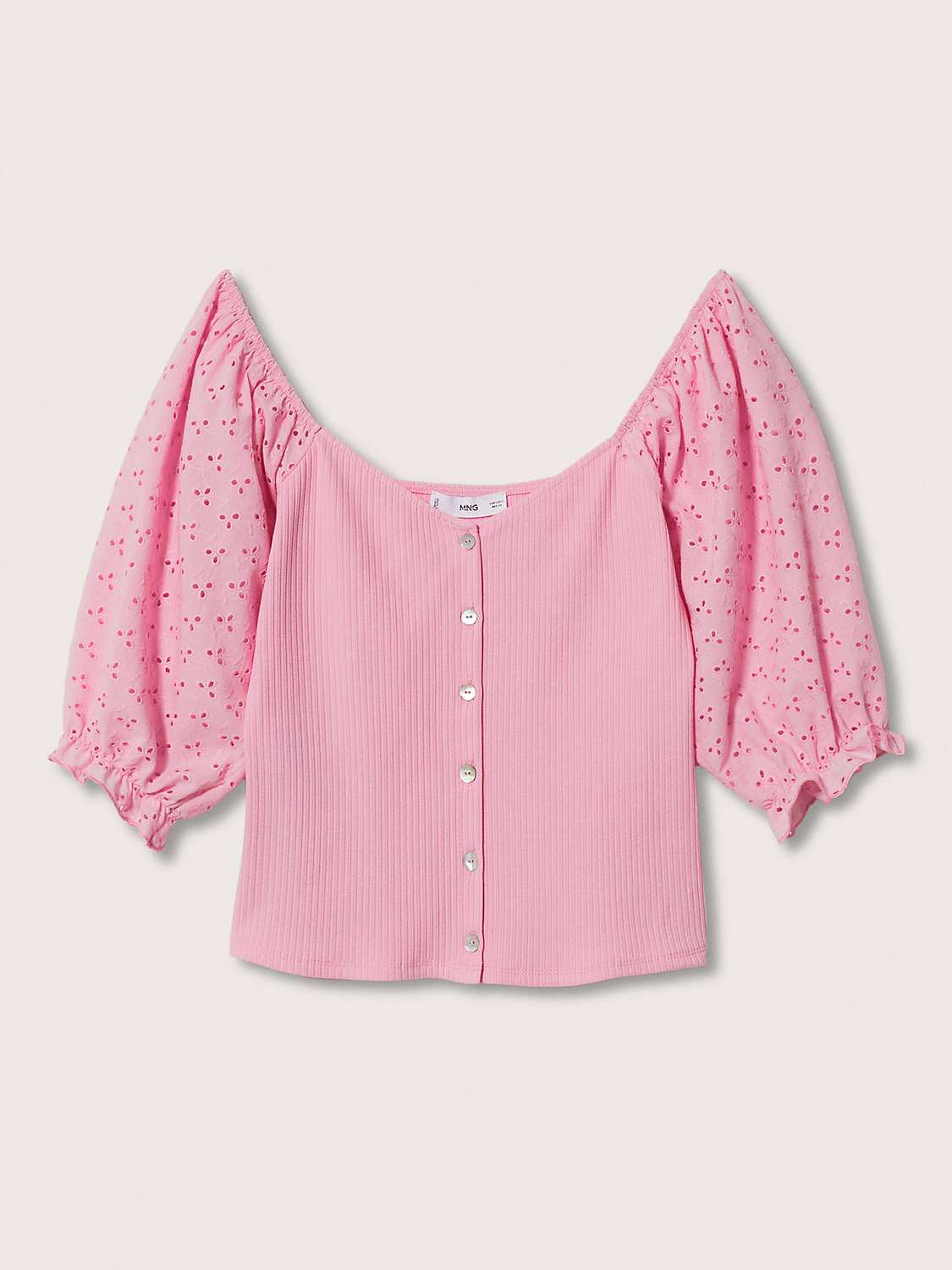 Mango Judi Embroidered Puff Sleeves Top, Pink at John Lewis & Partners