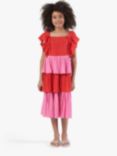 Angel & Rocket Kids' Cicely Colour Block Tiered Dress, Red/Pink