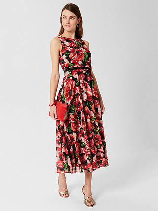 Hobbs Carly Floral Midi Dress, Red/Multi