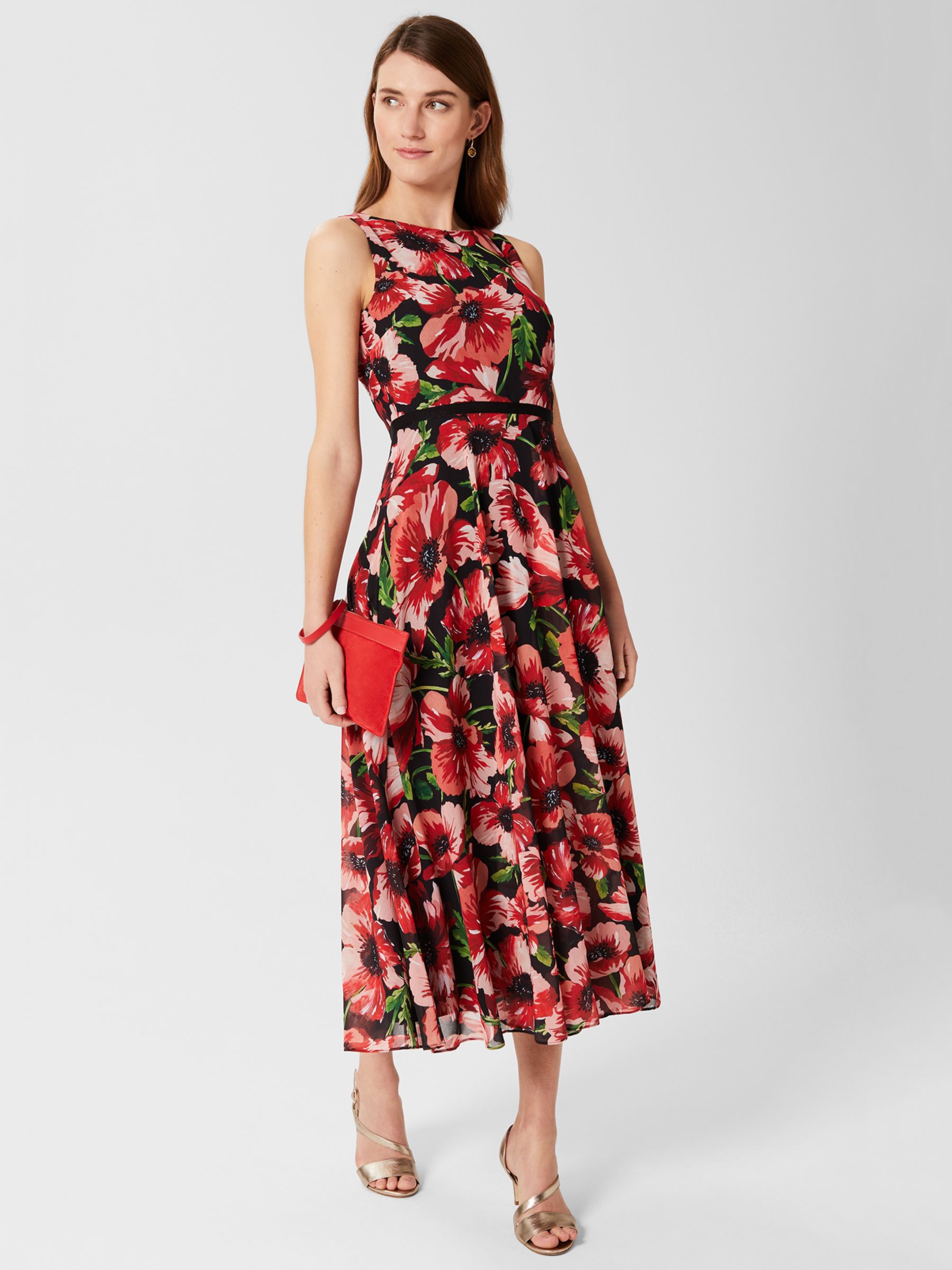 Hobbs Petite Carly Floral Midi Dress, Red/Multi