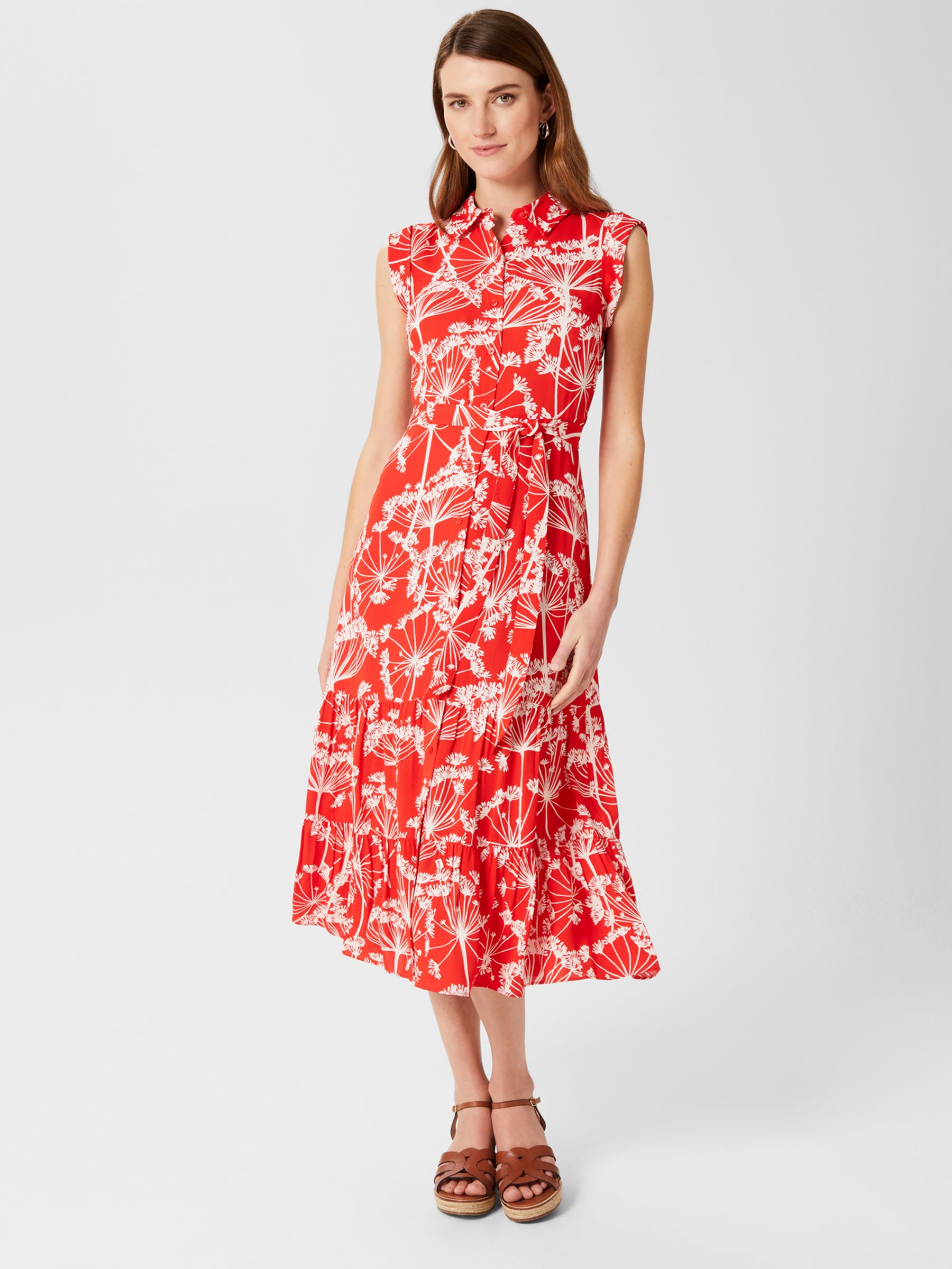 Hobbs Esme Floral Midi Shirt Dress, Coral Red/Ivory at John Lewis ...