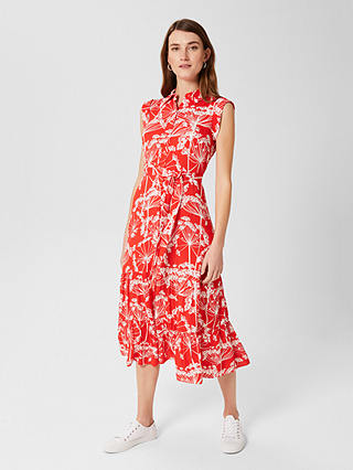 Hobbs Esme Floral Midi Shirt Dress, Coral Red/Ivory