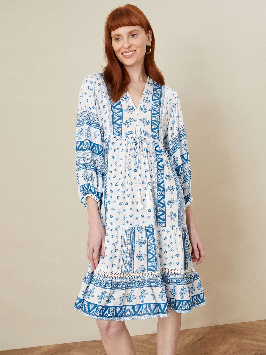 Monsoon Border Tunic Dress, Blue/White, S