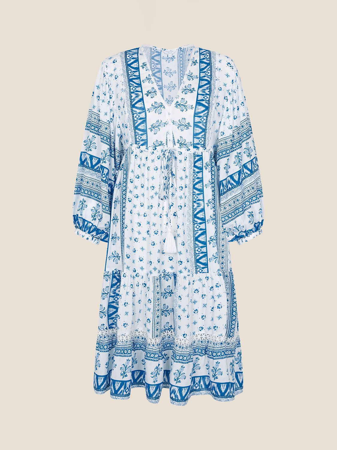 Monsoon Border Tunic Dress, Blue/White, S