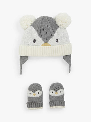 John Lewis Baby Penguin Trapper Hat & Mittens Set, Grey